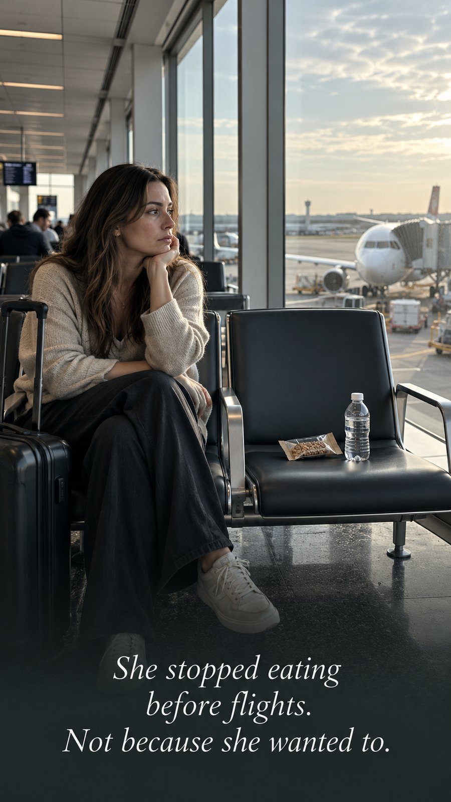Woman sitting alone at an airport gate with only water and a small snack — she stopped eating before flights