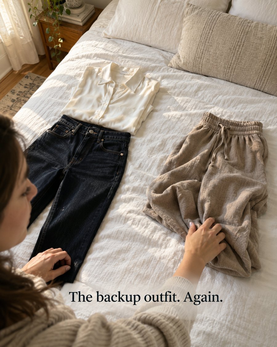 Woman choosing between fitted jeans and loose linen pants laid out on a bed — the daily backup outfit decision
