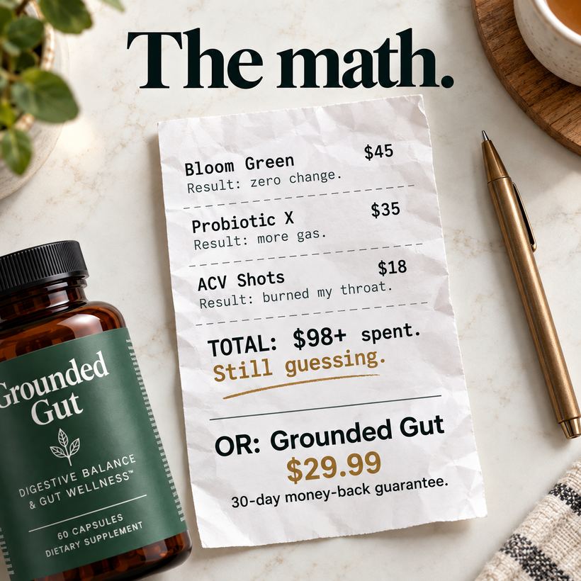 A receipt showing: Bloom Green $45 zero change, Probiotic X $35 more gas, ACV Shots $18 burned my throat — Total $98+ spent, still guessing — OR Grounded Gut $29.99, 30-day money-back guarantee