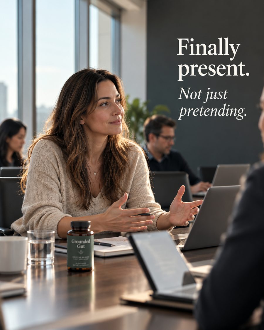 Woman engaged and speaking confidently in a meeting, Grounded Gut bottle on the table in front of her — Finally present, not just pretending