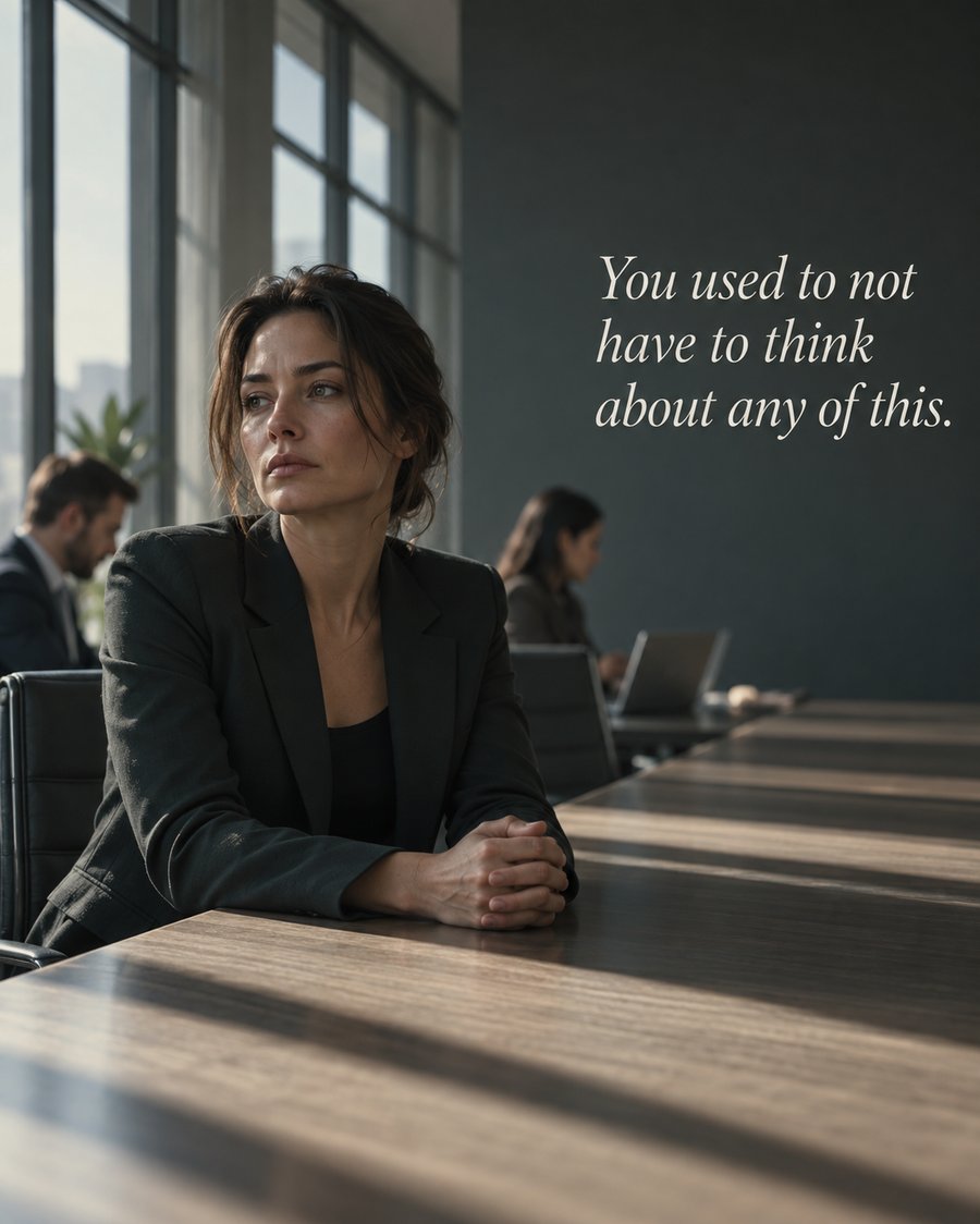 Woman in a quiet meeting — distracted, hands clasped, thinking about her stomach
