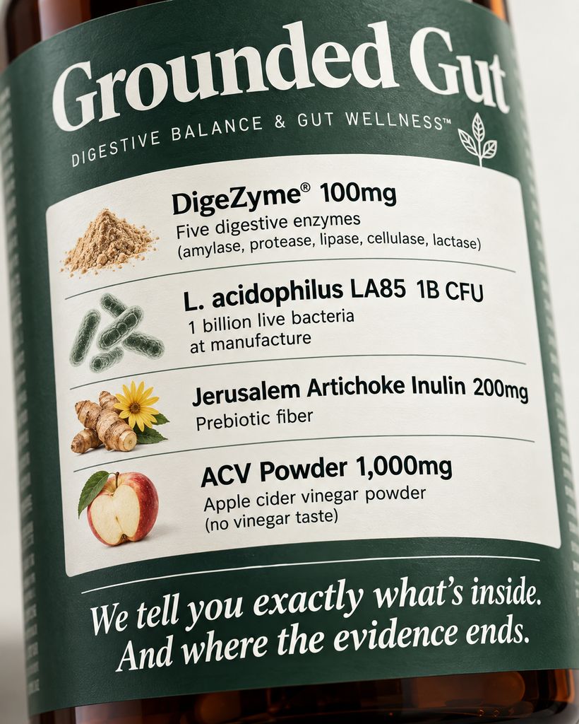 Close-up of the Grounded Gut bottle label showing all four ingredients with amounts and source images — DigeZyme 100mg, L. acidophilus LA85 1B CFU, Jerusalem Artichoke Inulin 200mg, ACV Powder 1000mg — We tell you exactly what is inside and where the evidence ends