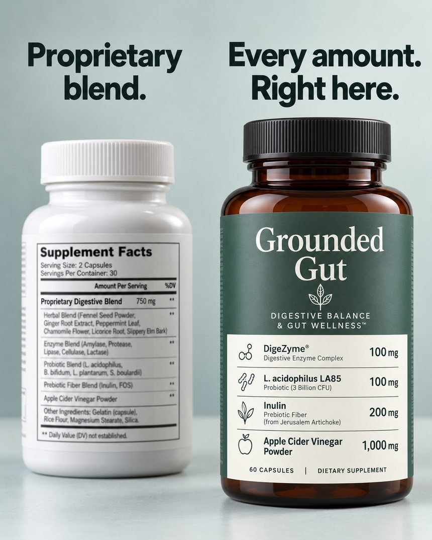 Side-by-side bottle comparison: competitor label showing hidden proprietary blend vs Grounded Gut label showing every ingredient and exact amount