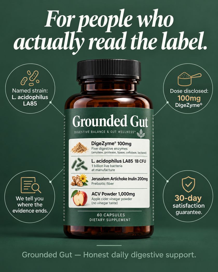 Grounded Gut bottle on dark green background with four callout circles: Named strain L. acidophilus LA85, Dose disclosed 100mg DigeZyme, We tell you where the evidence ends, 30-day satisfaction guarantee — For people who actually read the label — Grounded Gut: Honest daily digestive support