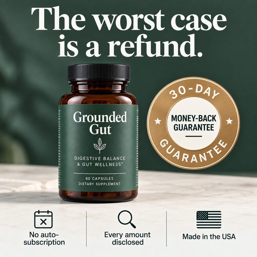 Grounded Gut bottle with 30-Day Money-Back Guarantee seal — The worst case is a refund — No auto-subscription, Every amount disclosed, Made in the USA