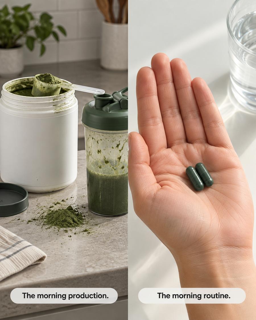 Split image: left shows a messy greens powder tub and dirty shaker labelled The morning production — right shows a hand holding two dark capsules with a glass of water labelled The morning routine