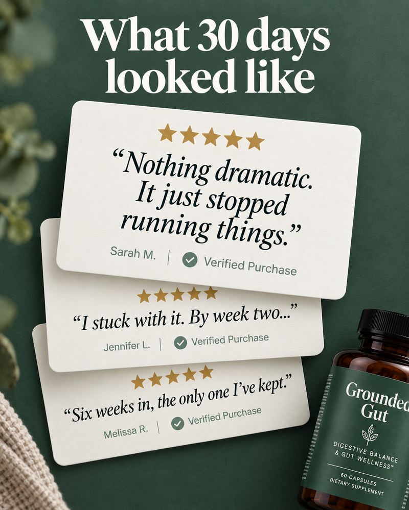 Three stacked review cards on a green background — What 30 days looked like — Sarah M, Jennifer L, Melissa R, all verified purchases — Grounded Gut bottle beside them