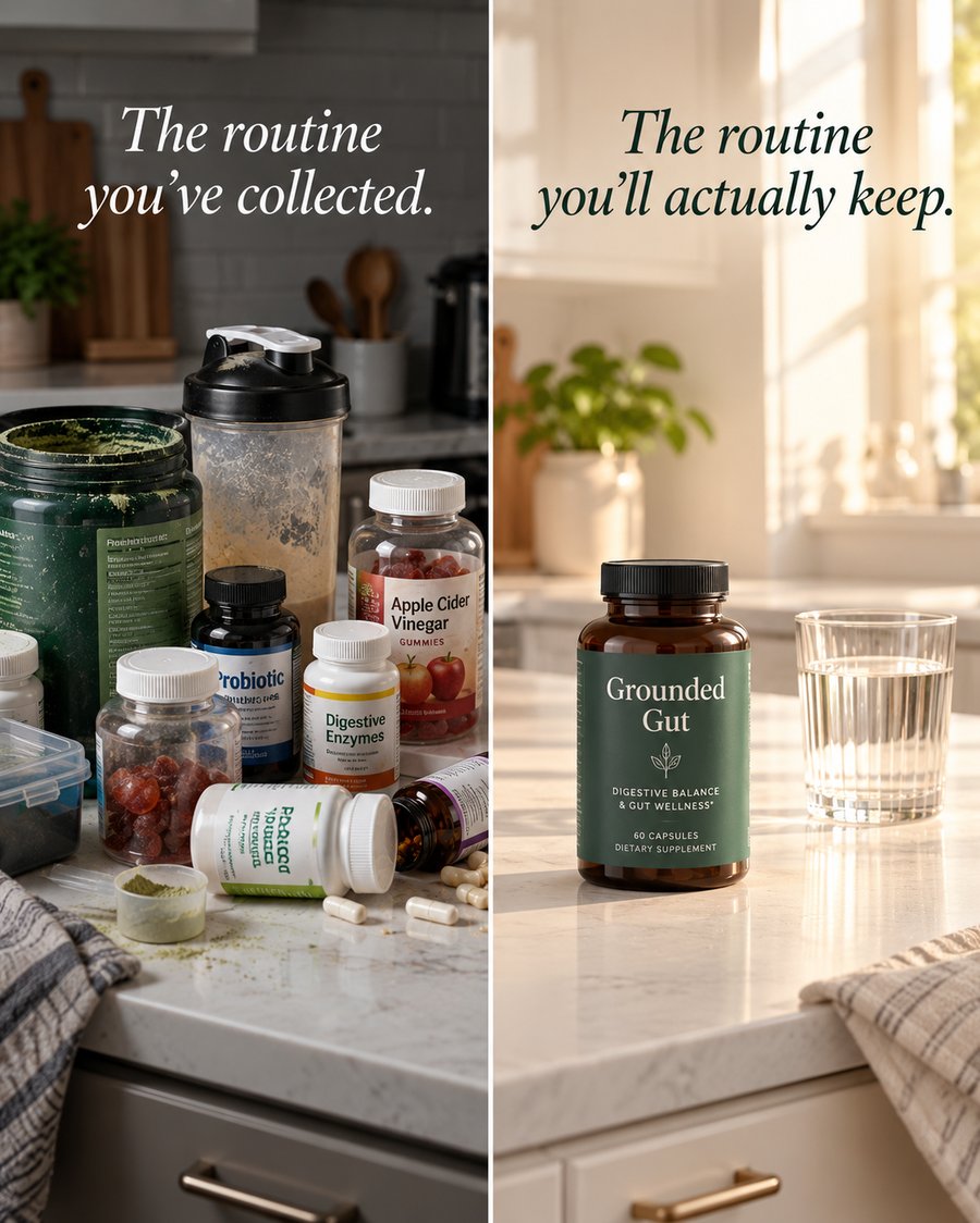Split image: left panel shows cluttered countertop of multiple supplement tubs, shaker, gummies and capsules — right panel shows one Grounded Gut bottle and a clean glass of water