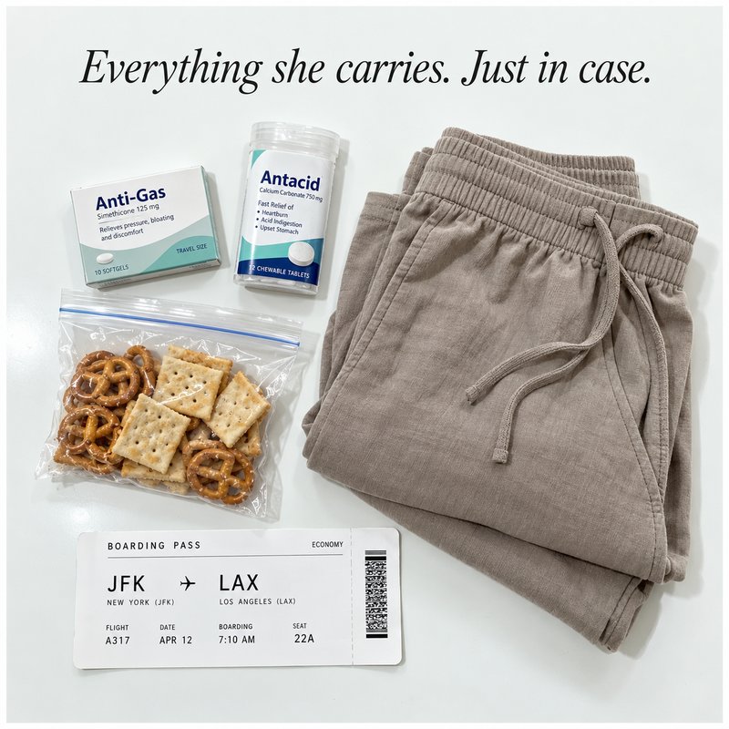 Flat-lay of what she packs for travel: anti-gas tablets, antacid, safe snacks, elastic-waist pants, and a boarding pass — everything she carries just in case